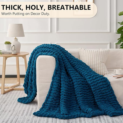 L'AGRATY Chunky Knit Blanket Throw: 60''x80'' Chenille Chunky Knitted Throw Blanket for Bed Couch - Handmade Thick Big Cable Knit Blanket - Large Crochet Rope Blankets for Home Decor(Blue)