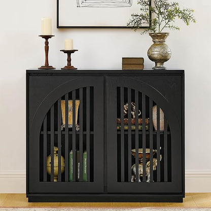 LKTART Arch Doors Sideboard Buffet Storage Cabinet,Mid Century Modern Storage Cabinet with Shelves,Wood Coffee Bar for Living Room, Kitchen, Hallway-Black