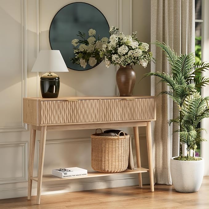 Console Table with Solid Wood Legs, Boho Modern Entryway Table with Storage Drawers, Fluted Narrow Sofa Table for Hallway,Living Room, Light Oak