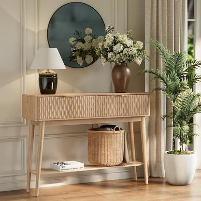 Console Table with Solid Wood Legs, Boho Modern Entryway Table with Storage Drawers, Fluted Narrow Sofa Table for Hallway,Living Room, Light Oak