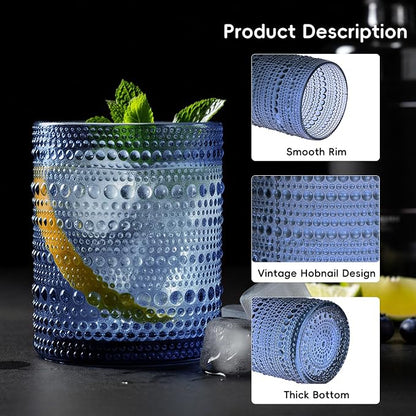 Moretoes Hobnail Drinking Glasses Set of 6, 12 Oz Highball Glasses & 10 Oz Cocktail Glasses, Clear Embossed Boho Glass Cups Kitchen Bar Tumbler Glassware Set for Whiskey, Beer, Juice, Milk (Blue)