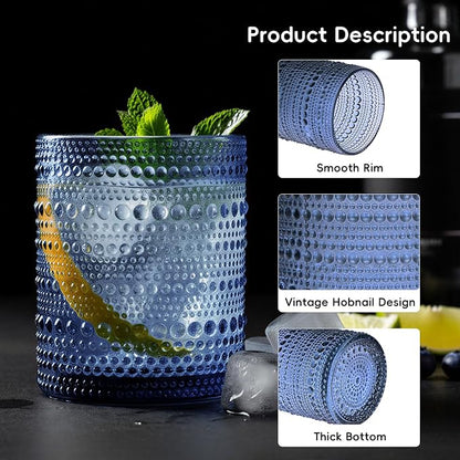 Moretoes Hobnail Drinking Glasses Set of 16, 12 Oz Highball Glasses & 10 Oz Cocktail Glasses, Clear Embossed Boho Glass Cups Kitchen Bar Tumbler Glassware Set for Whiskey, Beer, Juice, Milk (Blue)