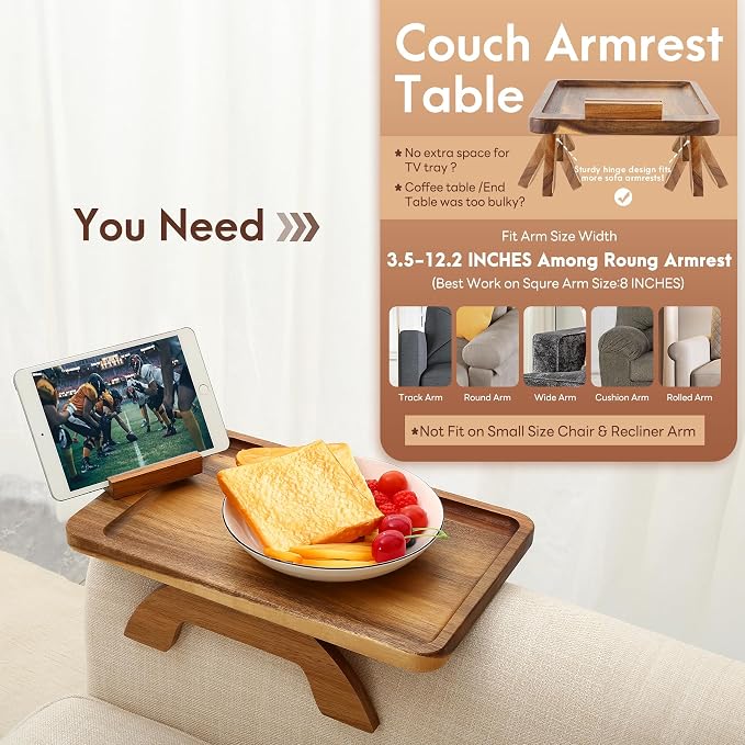 SINWANT Couch Arm Tray, Acacia Wood Sofa Arm Rest Table Clip on Wide Armrest,Folding Anti Slip Couch Armrest Table with 360° Rotating Phone Holder for Snacks,Drinks,Remotes