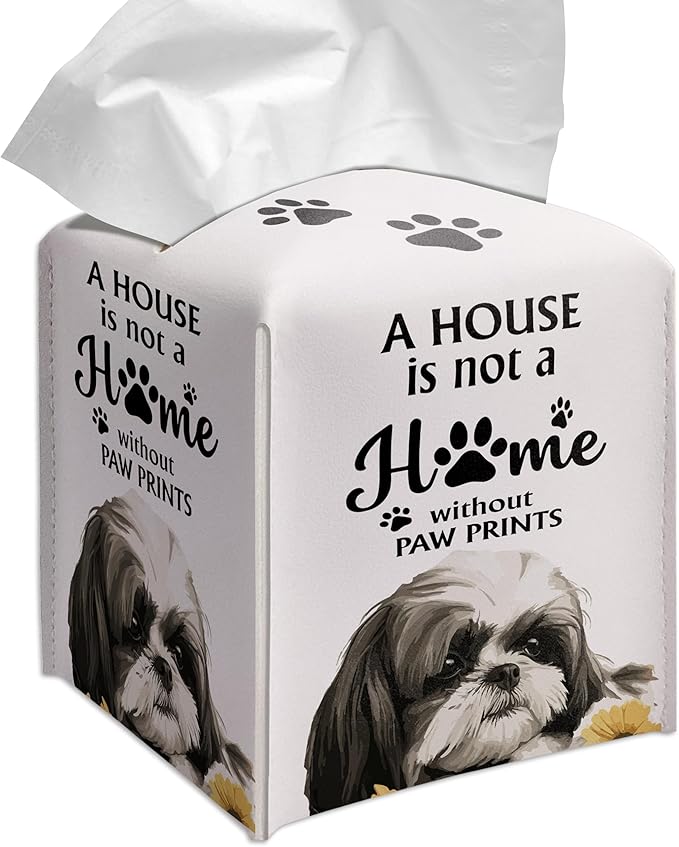 Grace Yonks Cute Shih Tzu Tissue Box Cover Square, Shih Tzu Dog Cube Case for Facial Tissues, 5.2" PU Leather(029)
