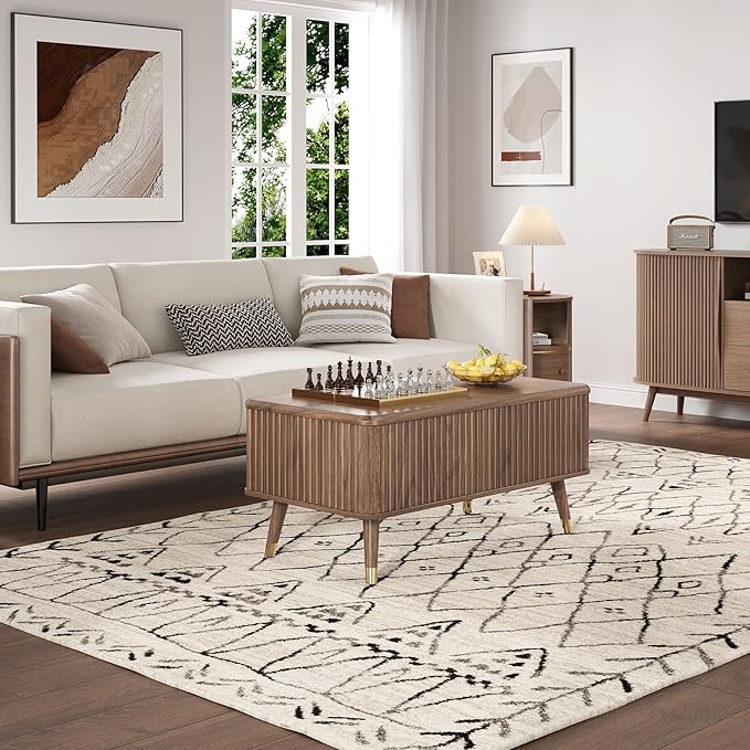 SULIVES Lift Top Coffee Table with Storage,Fluted Coffee Table with Lifting Top,Mid Century Modern Center Table with Solid Wood Legs,Small Coffee Tables for Living Room,Walnut