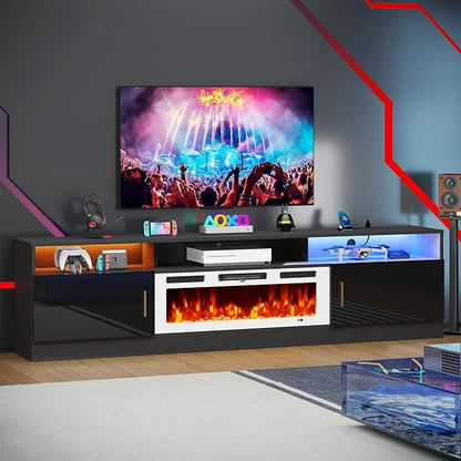 MXV 78" Fireplace TV Stand with Power Outlet for TVs UP to 90", Electric Fireplace Entertainment Center with LED Lights & Storage Cabinets, TV Console for Living Room, Office, Black-White