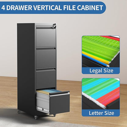 4 Drawer Mobile File Cabinet, Metal Filing Cabinet with Lock and Wheels, Home Office Rolling File Cabinets for Legal/Letter Hanging File Folders, Un-Assembled (Black)