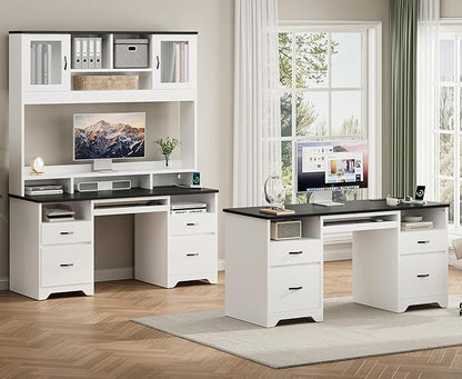 Bestier 59” Computer Desk with 4 Drawers, Office Desk with Storage, Modern Executive Desk with Charging Station, Keyboard Tray & Wooden Pedestals on Both Sides for Home Office & Studio, White