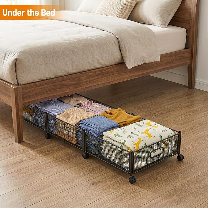 Under Bed Storage With Wheels, 47.2''/90lbs/57.6L, Metal Frame Under Bed Rolling Storage, Tool-Free Assembly Underbed Drawers, Underbed Organizer Containers for Shoes, Clothes and Toys (2 Pack)