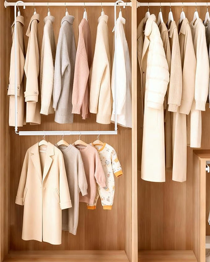Hanging Closet Rod, Adjustable Height & Width Closet Rods for Hanging Clothes-Closet Extender Hanging Rod Space-Maximizing Design Suitable for Hanging and Drying Clothes, White