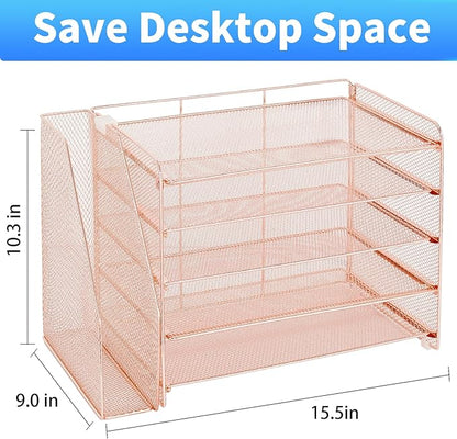 OPNICE Desk Organizer, 5-Tier Paper Organizer Letter Tray with Magazine Holder, Office Desk Accessories & Workspace Organizers, Desktop File Organizer for Office Supplies Storage, Rose Gold
