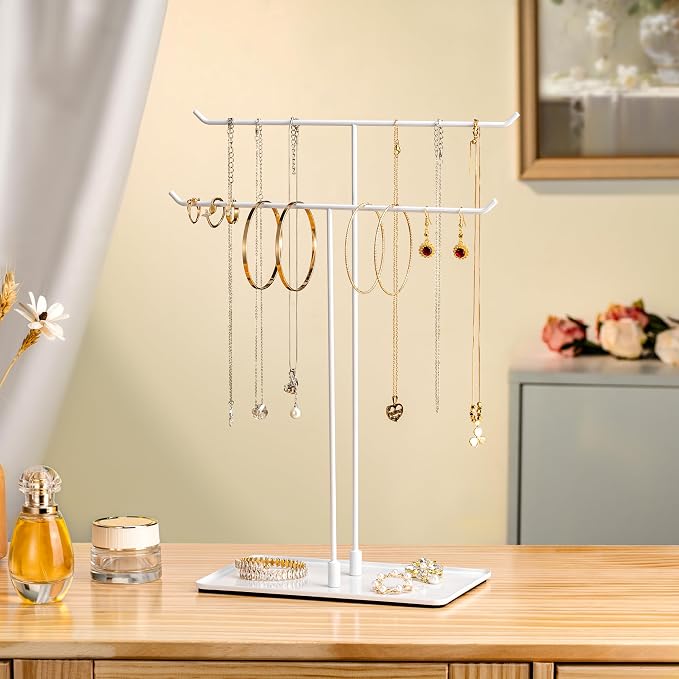 bussdis Necklace Holder Jewelry Stand Organizer for Necklaces and Bracelets, Metal Display Stand, Gift for Women, Ideal for Home, Bedroom, or Vanity, White