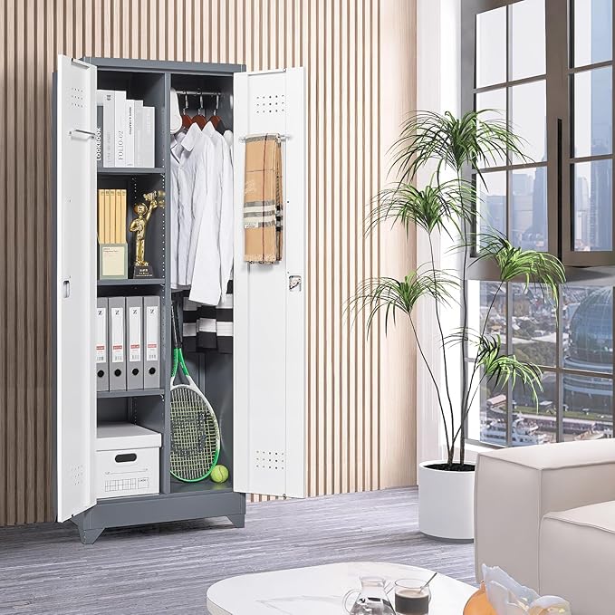 65" H Locking Storage Cabinet,Metal Broom Storage Cabinet with Doors and Adjustable Shelves,Steel Tall Garage Cabinet with Pegboard and Hanging Rod for Home Office,School,Gym,Grey-White