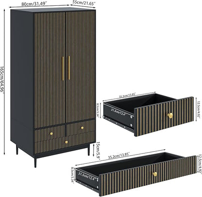 Armoire Wardrobe Closet with 2 Fluted Doors,64.96" Wooden Clothes Storage Cabinet with Hanging Rod and Shelf Storage,Wardrobe Cabinet with 3 Drawers,Freestanding Closet for Bedroom (Black)