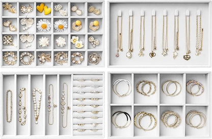 Velvet Jewelry Drawer Organizer Trays – Large White Stackable Jewelry Storage Inserts Set, 4-Layer Jewelry Tray Set for Earrings, Rings, Necklaces, Bracelets with Removable Dividers for Dresser,Vanity