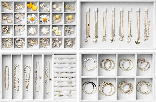 Velvet Jewelry Drawer Organizer Trays – Large White Stackable Jewelry Storage Inserts Set, 4-Layer Jewelry Tray Set for Earrings, Rings, Necklaces, Bracelets with Removable Dividers for Dresser,Vanity