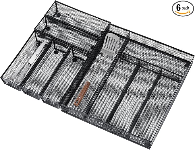 Neudeco Drawer Organizer Set, Black Mesh, 6 Pack | 5-Compartment Silverware Organizer Tray, 5 Utensil Trays, For Flatware, Cutlery, Office Supplies, Non-Slip