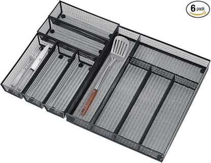 Neudeco Drawer Organizer Set, Black Mesh, 6 Pack | 5-Compartment Silverware Organizer Tray, 5 Utensil Trays, For Flatware, Cutlery, Office Supplies, Non-Slip