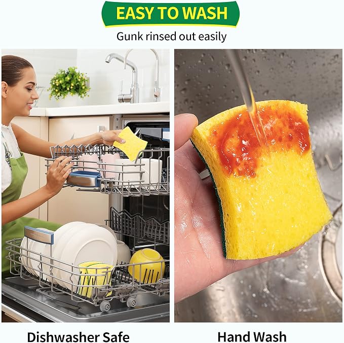 Heavy Duty Scrub Sponge 24 Pack, Eco Cellulose Kitchen Dish Sponge Multipurpose Ergonomic for Washing Dishes, Uncoated Cookware & Household Cleaning.