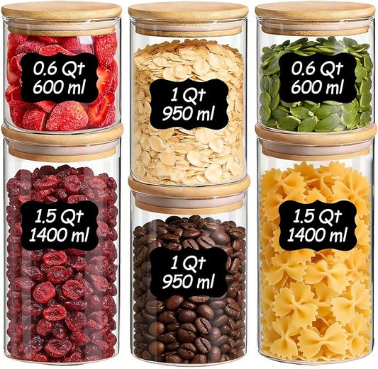 ComSaf Glass Storage Containers with Lids (0.6qt/1qt/1.5qt) Set of 6,Glass Pantry Storage Containers with Airtight Lid & lables for Dry Food, Snacks, Nuts, Stackable for Kitchen, Pantry Organization