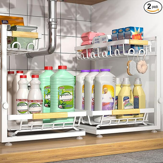Sevenblue 2 Packs Under Sink Organizer, Height Adjustable 2 Tier Under Kitchen Sink Organizer, Multi-Purpose Storage Shelf for Kitchen Bathroom Cabinet (White, Large)
