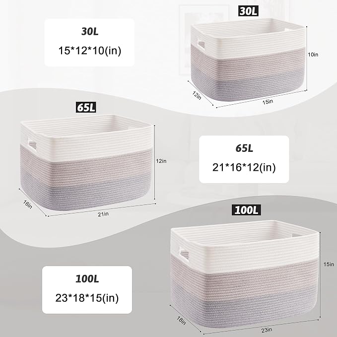 Artfeel Blanket Basket,Rectangle Woven Baskets for Storage,65L Laundry Basket for Decorative Nursery Blanket,Toys,Dirty Clothes and Magazine in Shelves,Baby Room,and Living Room