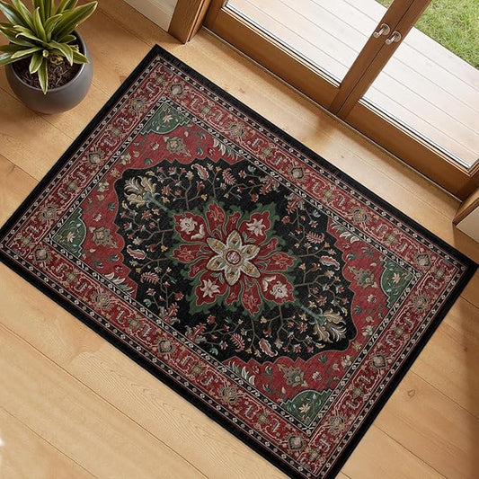 RELEANY Area Rugs Small 2'x3' Washable Non-Slip, Floral Vintage Distress Medallion Carpet for Kitchen Entryway Bathroom, Red Black