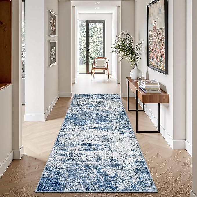 2.6'x8' Runner Rug Washable Rug;Modern Abstract Soft Thin Runner Rug Blue