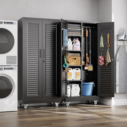 Aobabo Broom Closet Storage Cabinet,Lockable Garage Storage Cabinet with 4 Adjuatable Shelves,Required Assembly,Black,70.87''H*31.5''W*15.75''D