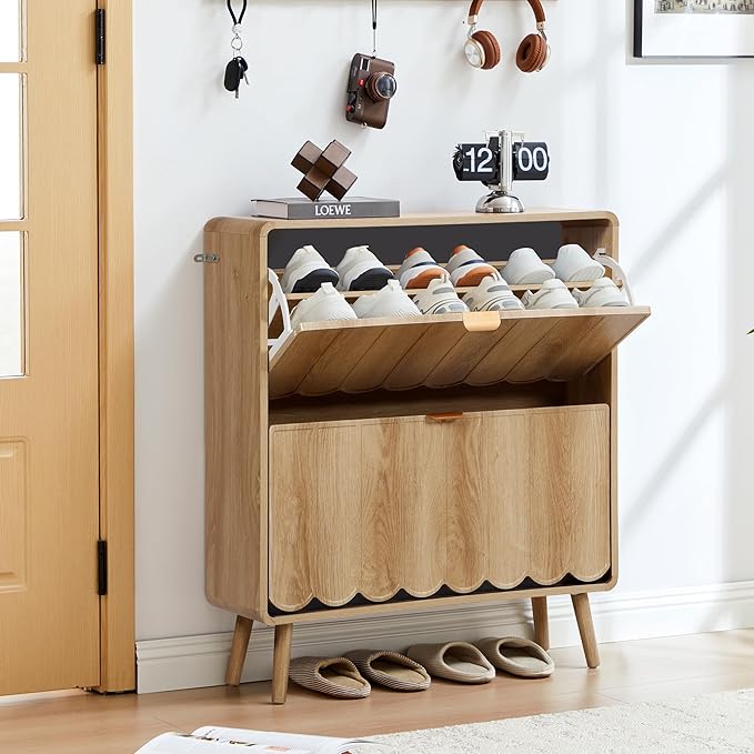 ORRD Shoe Storage Cabinet for Entryway with 2 Flip Drawers Set of 2, Freestanding Narrow Wood Shoe Cabinet with Wave Panel, Hidden Shoe Organizer for Foyer, Hallway (Natural)
