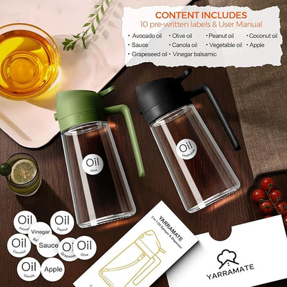 YARRAMATE 16oz/470ml Glass Olive Oil Sprayer for Cooking with Stickers, 2 in 1 Oil Dispenser for Kitchen Gadgets, Food Grade Premium Spray Bottle with Portion Control for Salad, BBQ (OliveGreen)