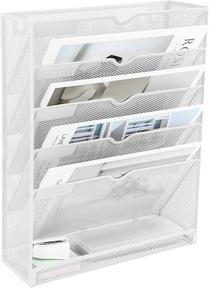EASEPRES 6 Tier Mesh Hanging Wall File Organizer, Desk Vertical Mail Paper Document Folder Holder Rack with Bottom Tray and Nametag Label for Office Home School, White