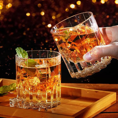 Lovelalty K9 Crystal Whiskey Glass Wooden Cup Mat Set 8.5oz Hand Engraving Asterism Kaleidoscope Pattern Old Fashioned Glass Wineglass Whisky Rock Glass