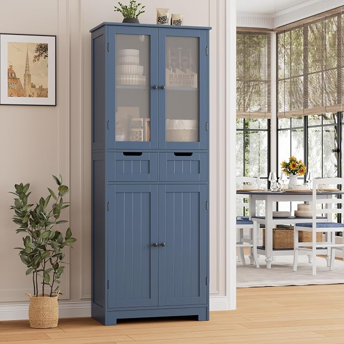 HORSTORS 67" Tall Bathroom Storage Cabinet, Freestanding Storage Cabinet with Glass Door and Shelves, Kitchen Pantry with 2 Drawers for Bathroom, Living Room, Dining Room, Blue