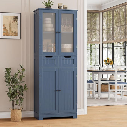 HORSTORS 67" Tall Bathroom Storage Cabinet, Freestanding Storage Cabinet with Glass Door and Shelves, Kitchen Pantry with 2 Drawers for Bathroom, Living Room, Dining Room, Blue