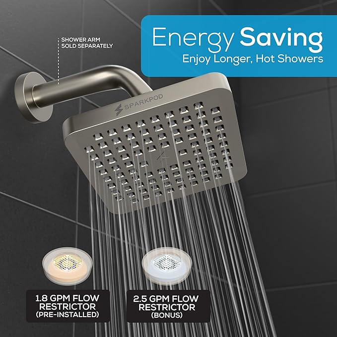 SparkPod Rain Shower Head, 8 Inch Square | High Pressure Shower Heads, 90 Nozzle (Touch-to-Clean), Adjustable Showerhead, No-tool Universal Connection