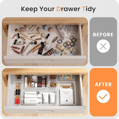 A-LuGei 【Military Grade】 Drawer Organizer, 【𝟱𝗦𝗶𝘇𝗲】 Makeup organizer, 【Holds 177 Items】 Bathroom Organizers and Storage, Organization and Storage, Desk Drawer Organizer for Vanity (Clear)