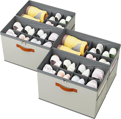 4 Pack Shoe Organizer for Closet,Foldable Shoe Storage Organizer with Adjustable Dividers, Shoe Storage Box with Clear Cover, Fits up to 16 Pairs, Gray