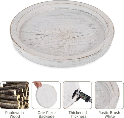 Hanobe Rustic Wooden Serving Tray: Round Wood Decorative Tray Rustic White Set of 2 Centerpiece Candle Holder Trays Farmhouse Ottoman Tray for Kitchen Counter Home Decor for Coffee Table