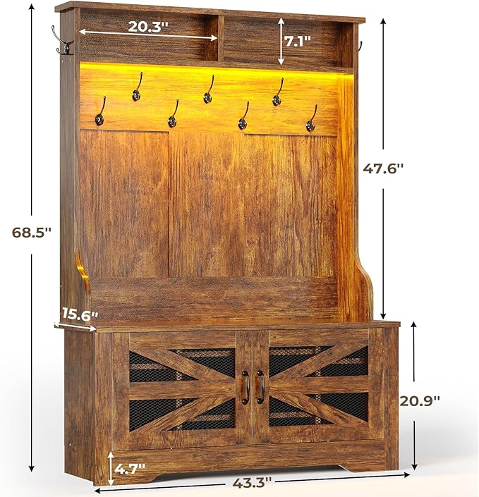 Itaar Hall Tree with Bench and Shoe Storage, 5-in-1 Entryway Bench with Coat Rack, 10 Shoe Cubbies & 9 Coat Hooks, Barn Door & Adjustable Shelf (Rustic Brown)