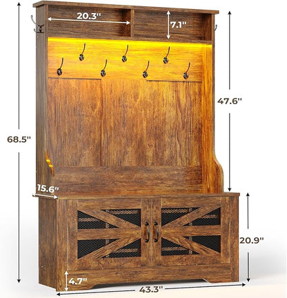 Itaar Hall Tree with Bench and Shoe Storage, 5-in-1 Entryway Bench with Coat Rack, 10 Shoe Cubbies & 9 Coat Hooks, Barn Door & Adjustable Shelf (Rustic Brown)