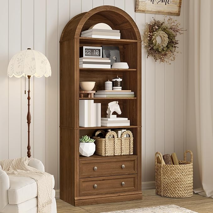Farmhouse Arched Bookshelf, 7 Tiers Arch Bookcase with 2 Spacious Drawers, Modern Book Shelf with Open Display Shelves and Storage Cabinet, for Office, Living Room, Kitchen, Walnut