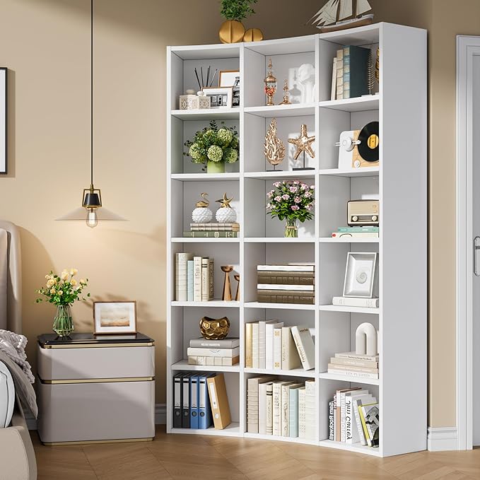 Semoic 71" Bookcase,Curved Bookshelf,Triple Width 6 Tier Bookcase with Storage Cabinet,Modern Tall Bookshelf with 18 Open Display Shelves, Floor Standing Book Shelf for Living Room,White
