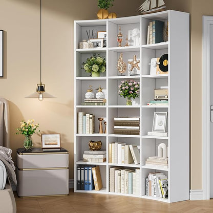 Semoic 71" Bookcase,Curved Bookshelf,Triple Width 6 Tier Bookcase with Storage Cabinet,Modern Tall Bookshelf with 18 Open Display Shelves, Floor Standing Book Shelf for Living Room,White