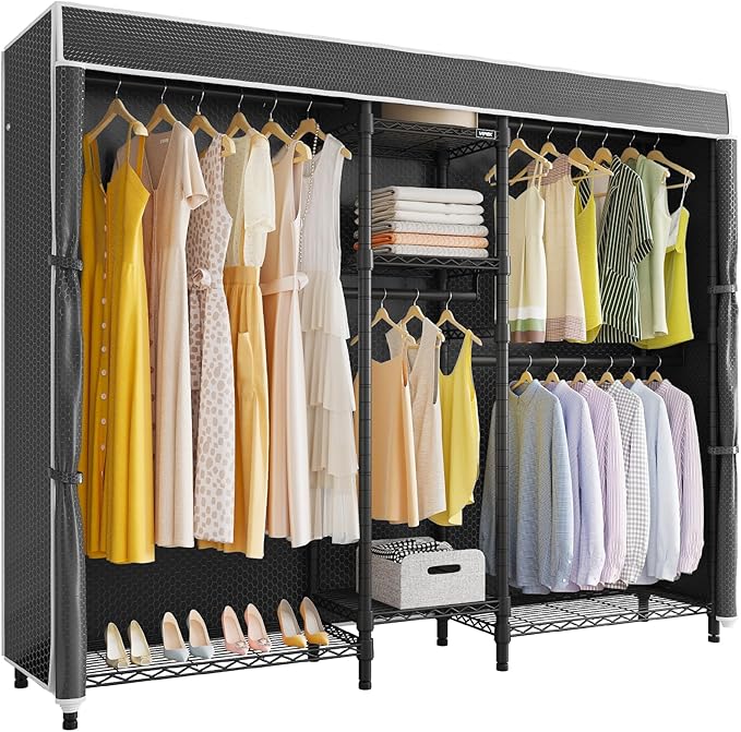 VIPEK Classic V6C Heavy Duty 5 Tiers Wire Garment Rack Large Size Wardrobe Closet Black Metal Clothing Rack with Black Oxford Fabric Cover, 70.1" L x 17.3" W x 76.4" H, Max Load 870 LBS