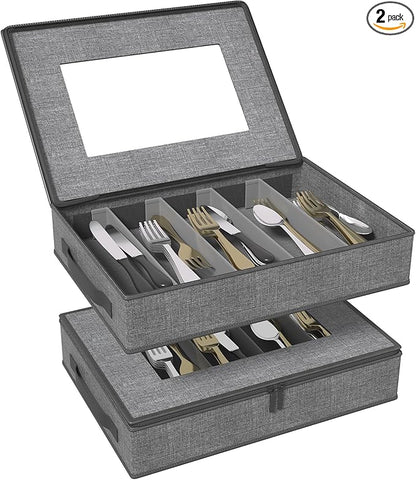 Aokeyee 2-Pack Silverware Storage Box, Sturdy Flatware Organizer with 5 Compartments & Adjustable Dividers, Upgrade Utensil Case with Clear Lid & Handle for Knives, Forks & Spoons, Gray