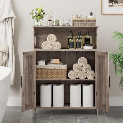 Homhedy Farmhouse Bathroom Storage Cabinet with 2 Doors, Toilet Paper Cabinet with Adjustable Shelf, Small Bathroom Cabinet for Kitchen/Laundry/Living Room, 11.8 x 23.6 x 31.5 Inches, Greige