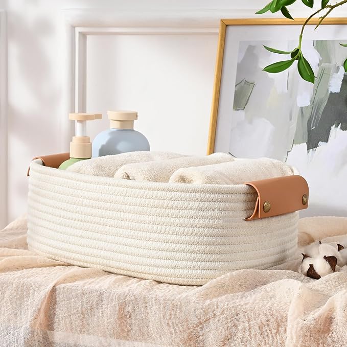Storage Baskets for Organizing, Small Woven Basket Set of 6-4 Shelf Basket with Leather Handle and 2 Small Gift Baskets, Cotton Rope Basket for Shelves, Nursery, Dog Toy, Bathroom