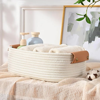 Storage Baskets for Organizing, Small Woven Basket Set of 6-4 Shelf Basket with Leather Handle and 2 Small Gift Baskets, Cotton Rope Basket for Shelves, Nursery, Dog Toy, Bathroom