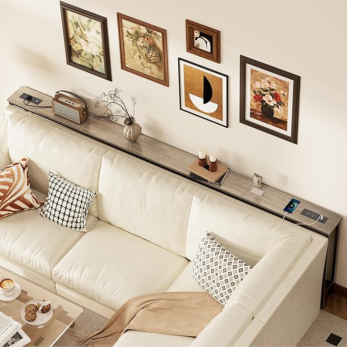 SUPERJARE 102.4 Inch Sofa Table with Power Outlets and USB-C Ports, 5.9 Inch Narrow Console Tables, Entryway Hallway Couch Tables with Storage, Behind Sofa, Small Spaces, Living Room, Oak